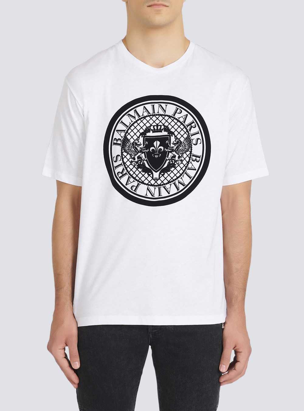 Balmain Cotton T-shirt With Flocked Balmain Medallion White | UZVOLTS-84