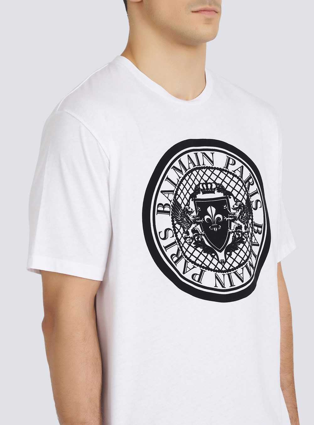 Balmain Cotton T-shirt With Flocked Balmain Medallion White | UZVOLTS-84