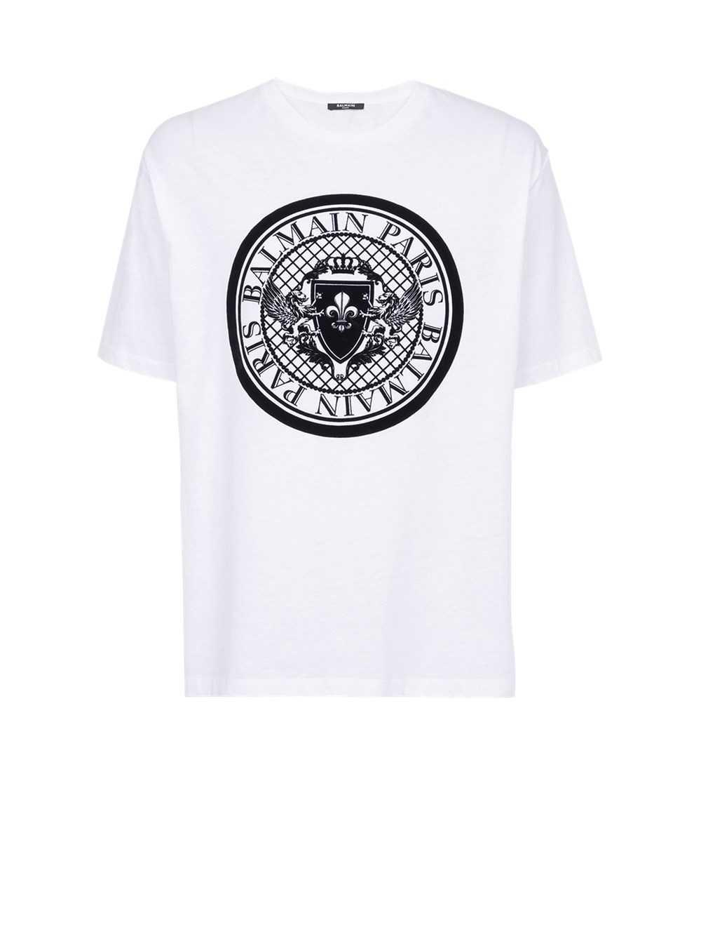 Balmain Cotton T-shirt With Flocked Balmain Medallion White | UZVOLTS-84