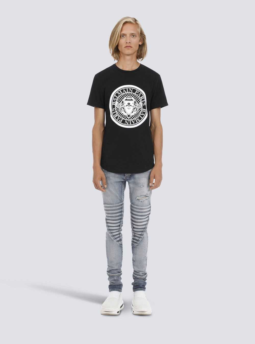 Balmain Cotton T-shirt With Flocked Velvet Balmain Medallion Black | PVRXYZM-60