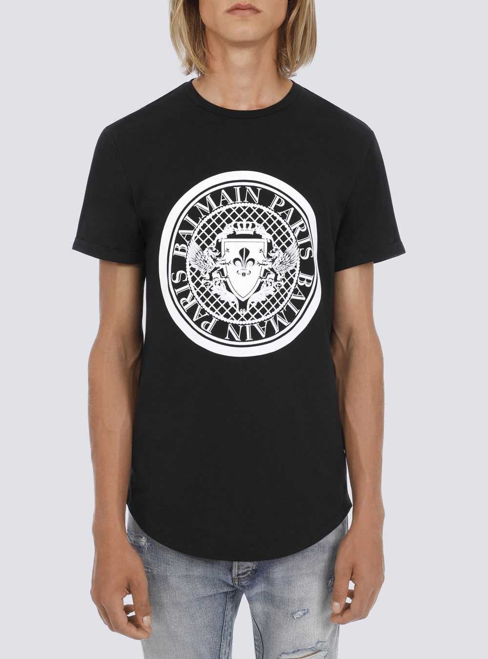 Balmain Cotton T-shirt With Flocked Velvet Balmain Medallion Black | PVRXYZM-60