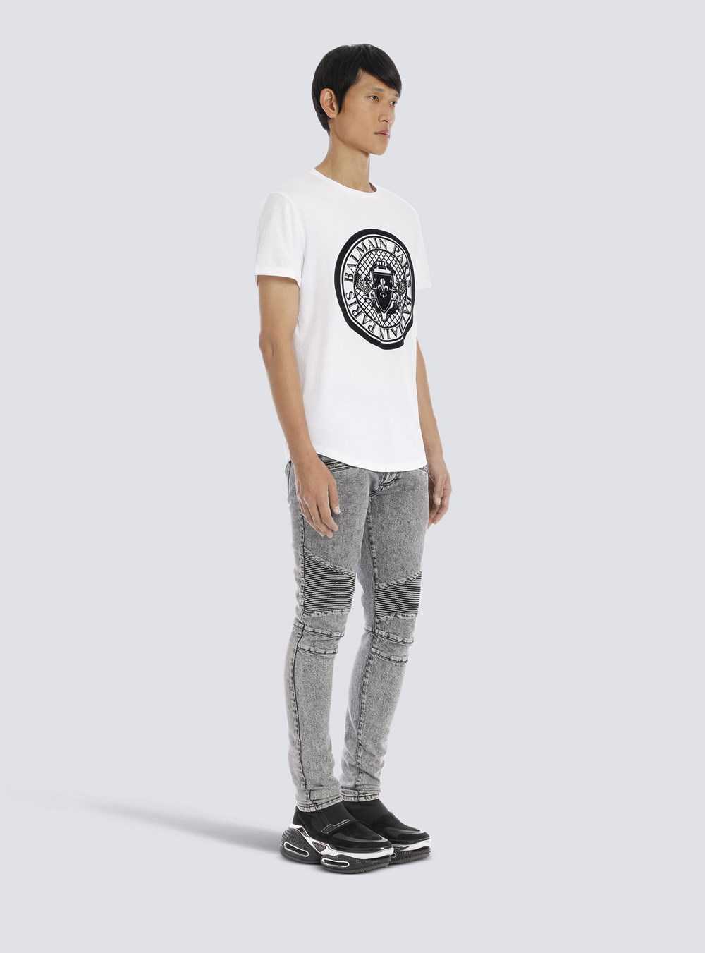 Balmain Cotton T-shirt With Flocked Velvet Balmain Medallion White | YDPOQKJ-15