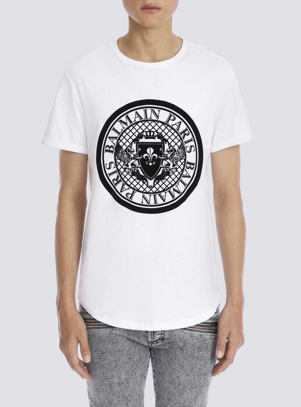 Balmain Cotton T-shirt With Flocked Velvet Balmain Medallion White | YDPOQKJ-15