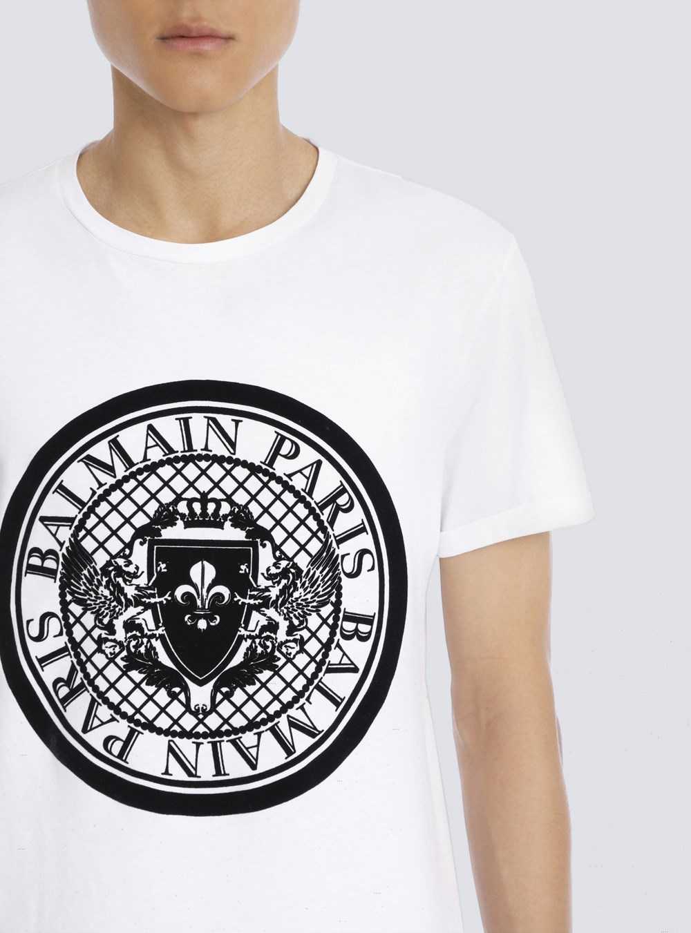 Balmain Cotton T-shirt With Flocked Velvet Balmain Medallion White | YDPOQKJ-15