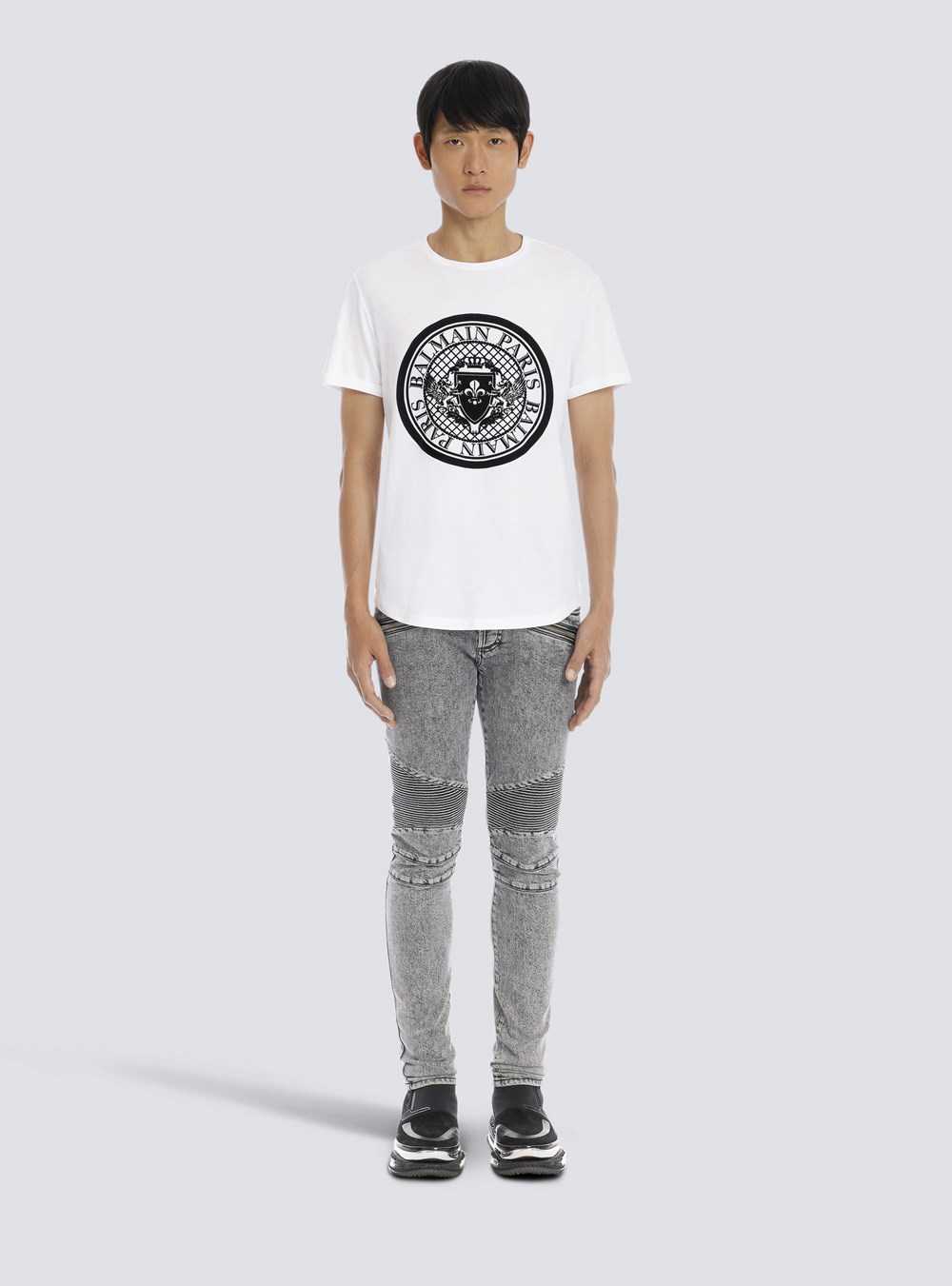 Balmain Cotton T-shirt With Flocked Velvet Balmain Medallion White | YDPOQKJ-15