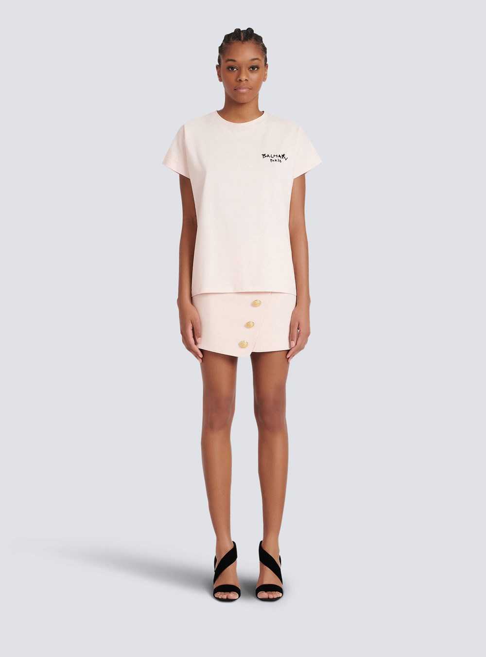 Balmain Cotton T-shirt With Small Flocked Graffiti Balmain Logo Pink | KCGHEFX-08