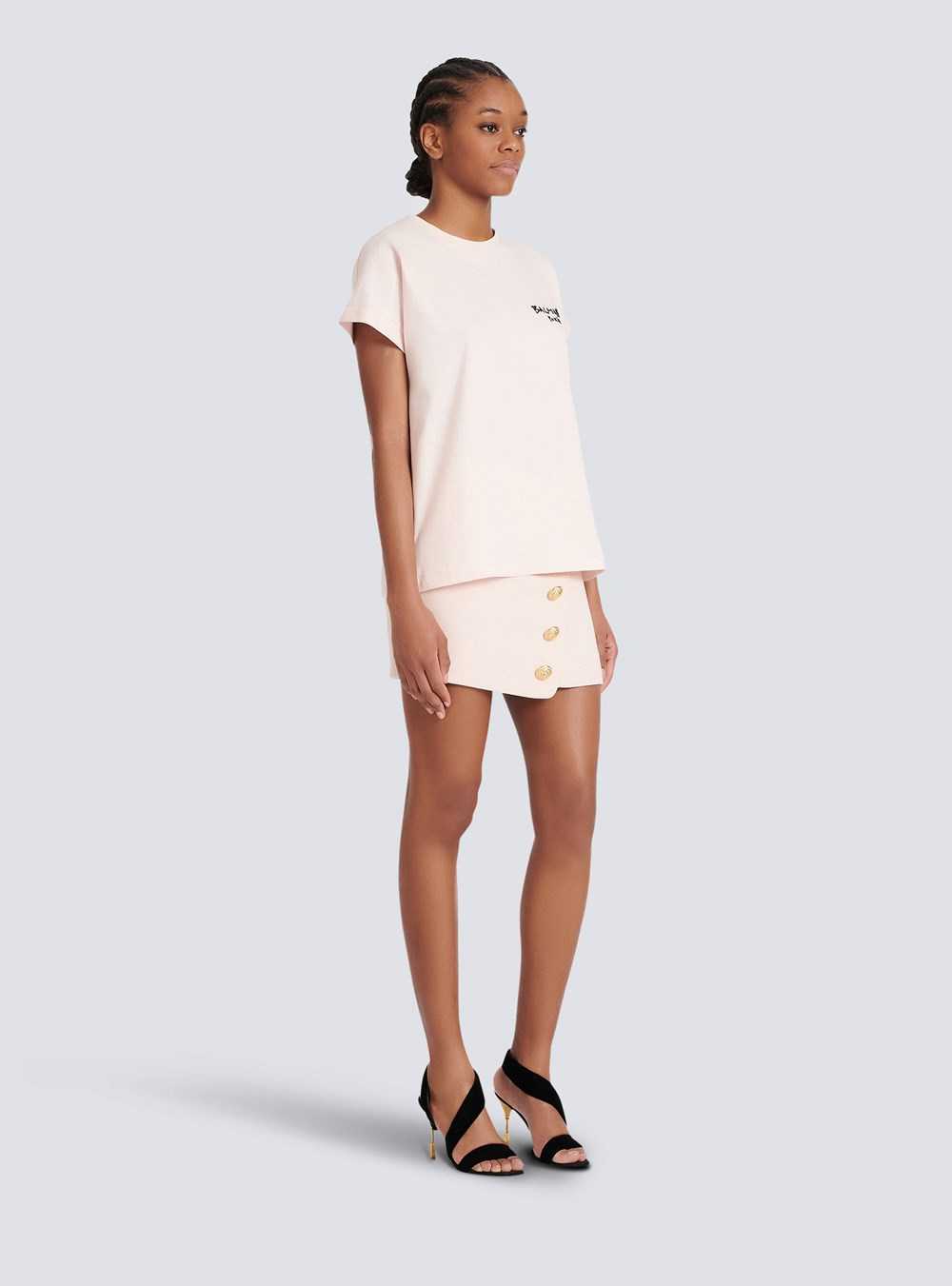 Balmain Cotton T-shirt With Small Flocked Graffiti Balmain Logo Pink | KCGHEFX-08