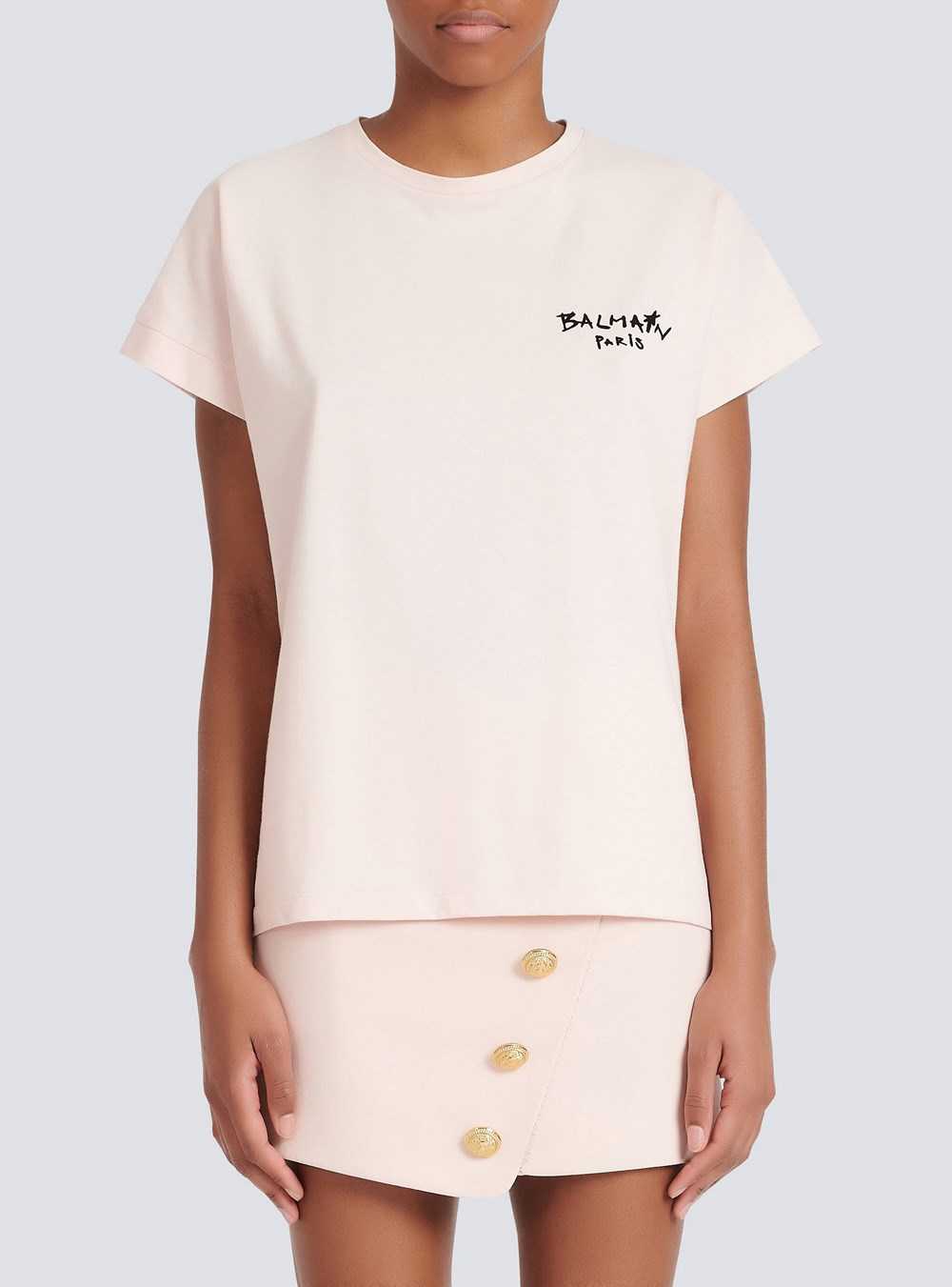 Balmain Cotton T-shirt With Small Flocked Graffiti Balmain Logo Pink | KCGHEFX-08