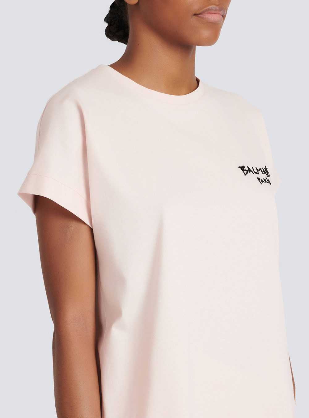 Balmain Cotton T-shirt With Small Flocked Graffiti Balmain Logo Pink | KCGHEFX-08