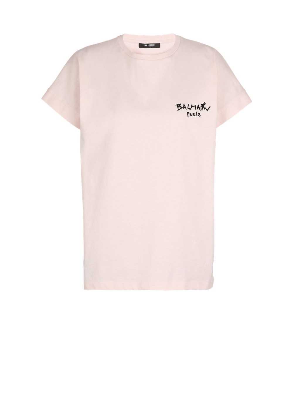 Balmain Cotton T-shirt With Small Flocked Graffiti Balmain Logo Pink | KCGHEFX-08