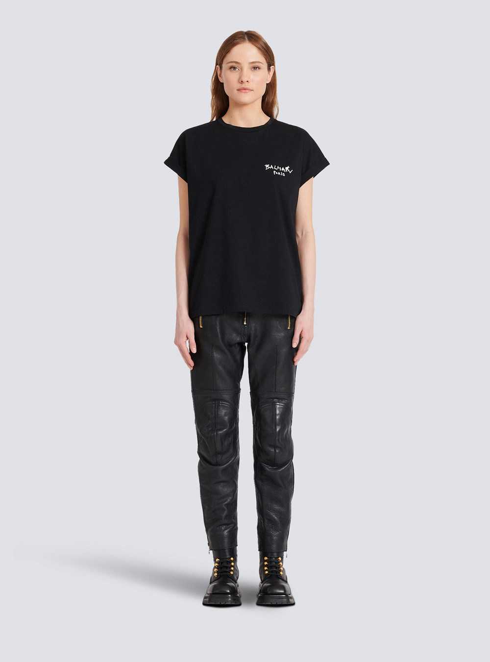 Balmain Cotton T-shirt With Small Flocked Graffiti Balmain Logo Black | SXIOAFH-68