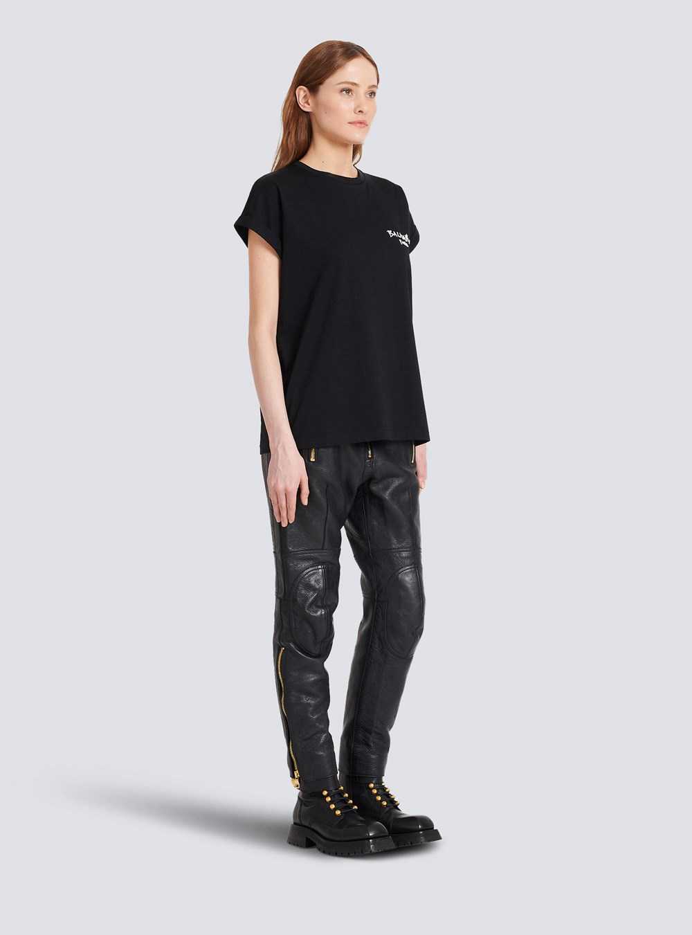 Balmain Cotton T-shirt With Small Flocked Graffiti Balmain Logo Black | SXIOAFH-68