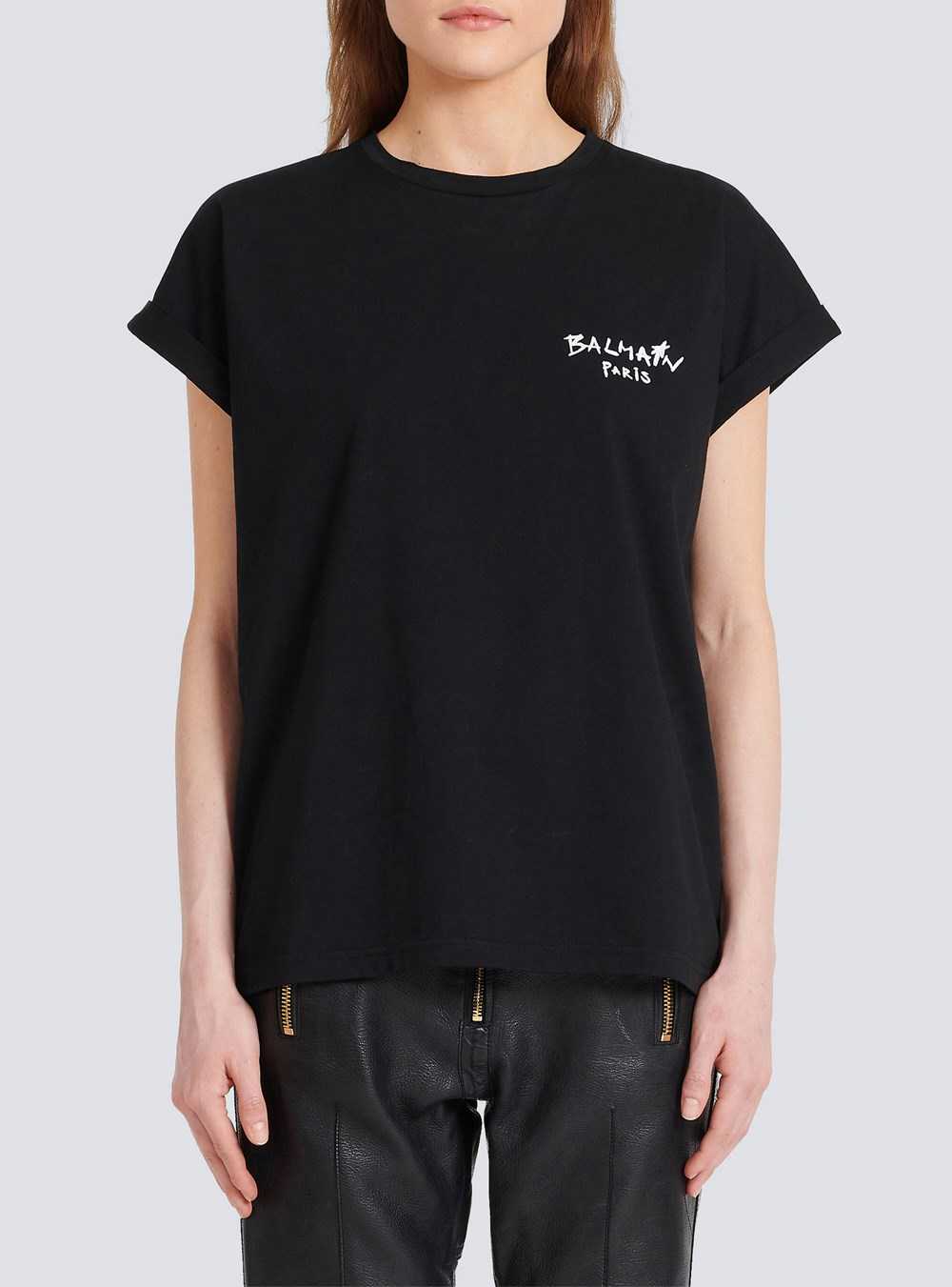 Balmain Cotton T-shirt With Small Flocked Graffiti Balmain Logo Black | SXIOAFH-68