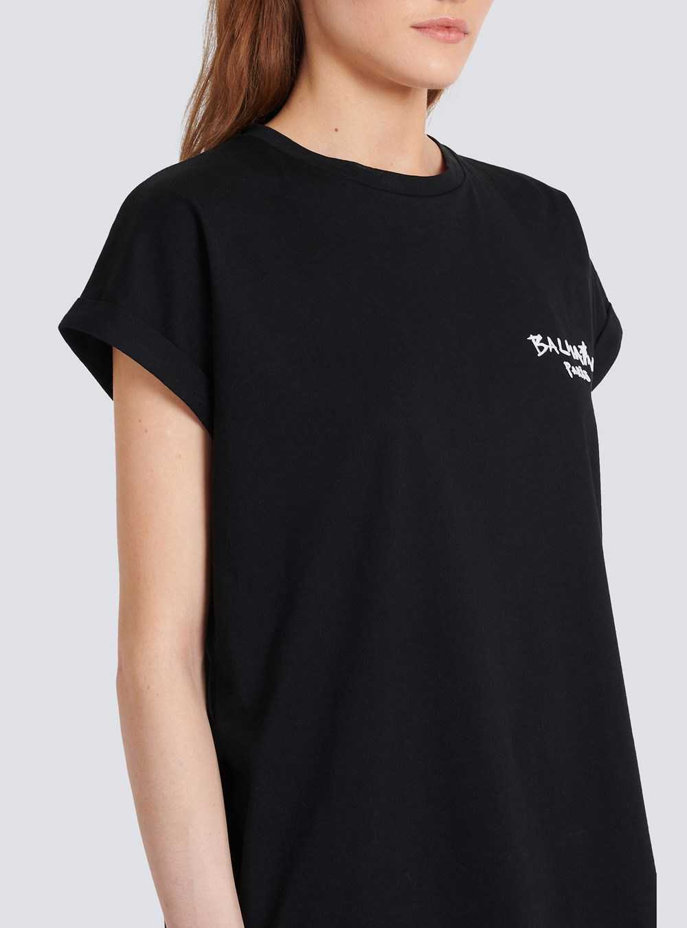 Balmain Cotton T-shirt With Small Flocked Graffiti Balmain Logo Black | SXIOAFH-68