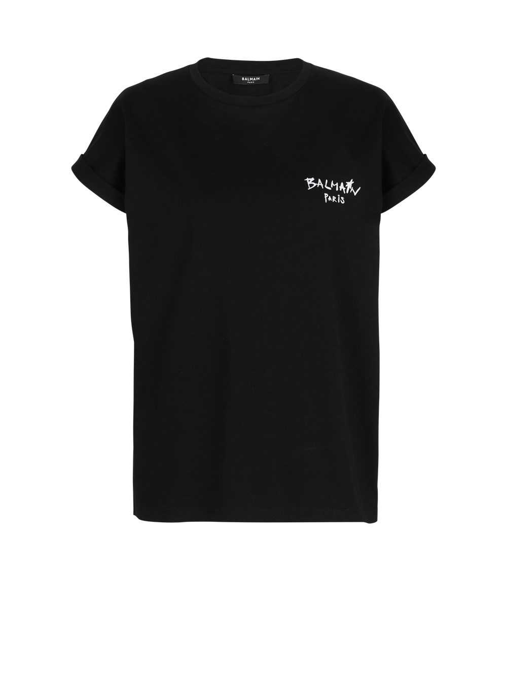 Balmain Cotton T-shirt With Small Flocked Graffiti Balmain Logo Black | SXIOAFH-68