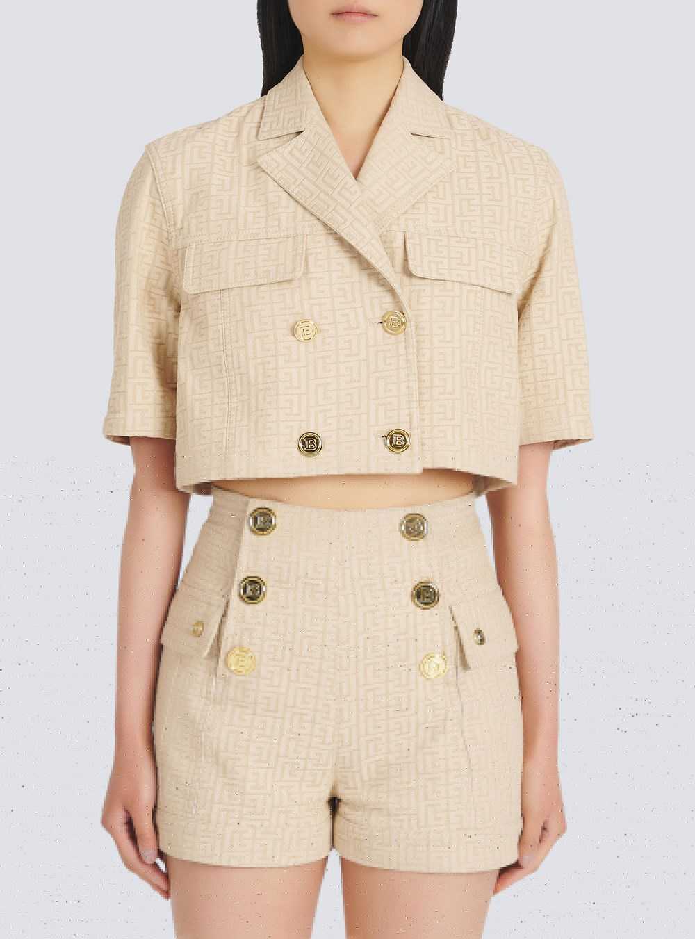 Balmain Cropped Balmain Monogram Jacquard Shirt Beige | ERXQNKS-10