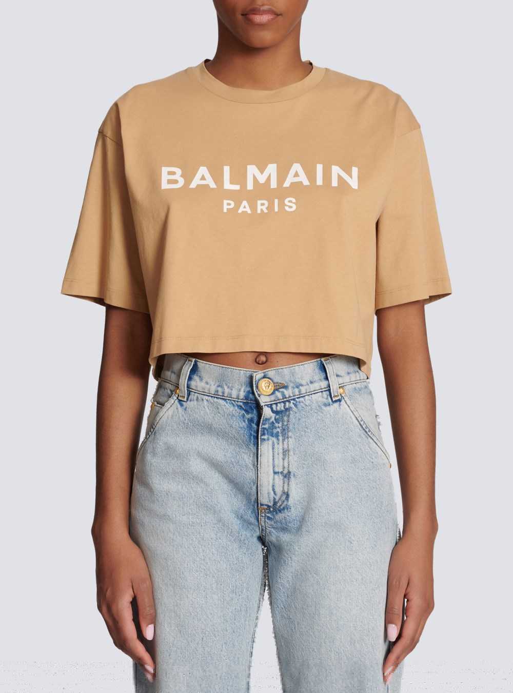 Balmain Cropped Cotton Balmain Logo T-shirt Brown | MDVCHEO-94