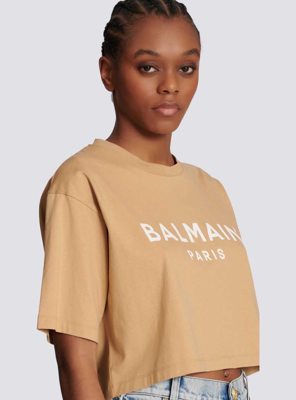 Balmain Cropped Cotton Balmain Logo T-shirt Brown | MDVCHEO-94