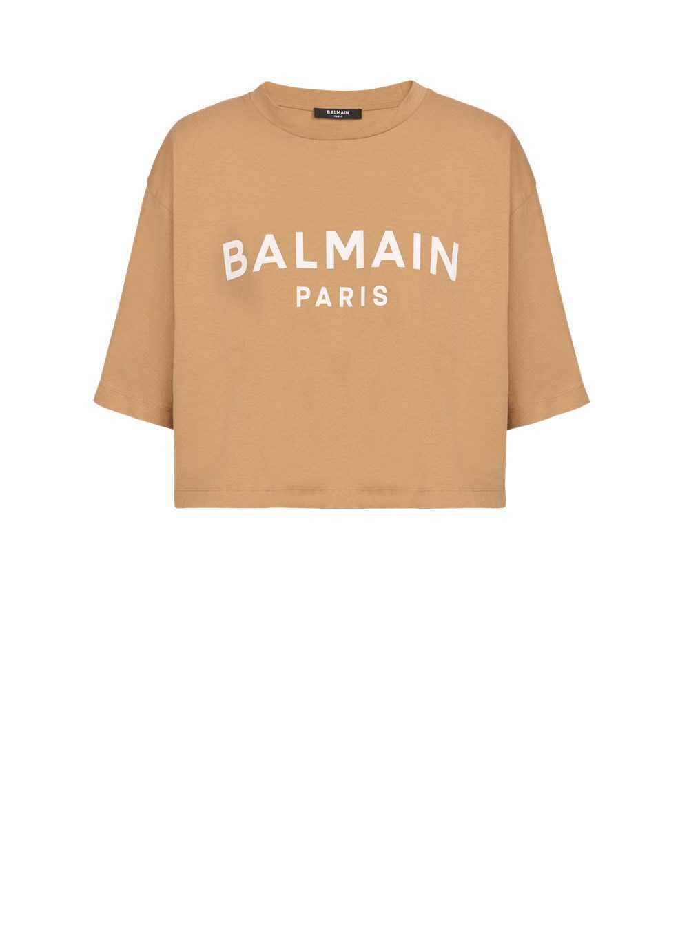 Balmain Cropped Cotton Balmain Logo T-shirt Brown | MDVCHEO-94