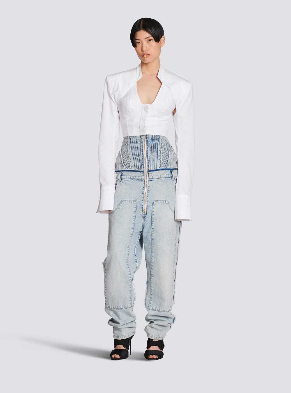 Balmain Cropped Cotton Shirt White | FXELPHT-78