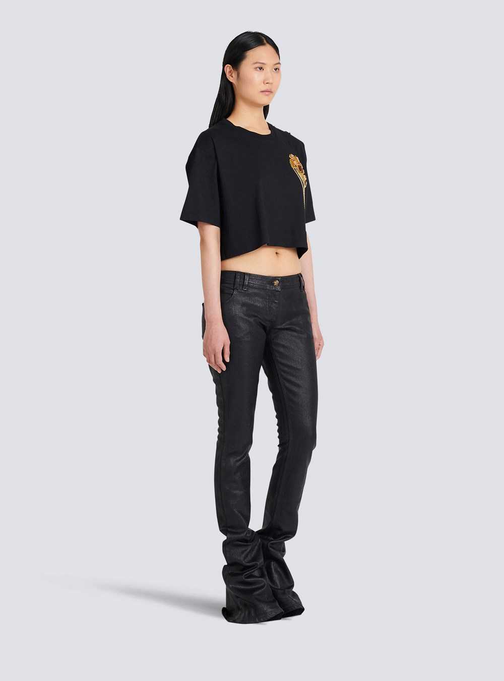 Balmain Cropped Cotton T-shirt Black | RCIMLNF-90