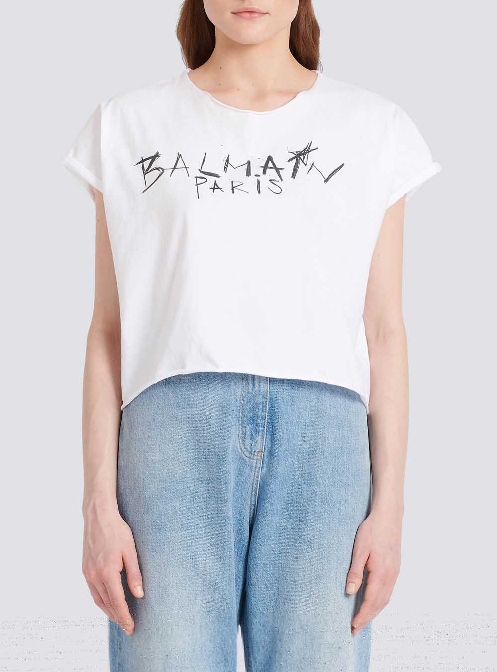 Balmain Cropped Cotton T-shirt With Balmain Graffiti Print White | MQCTERW-05