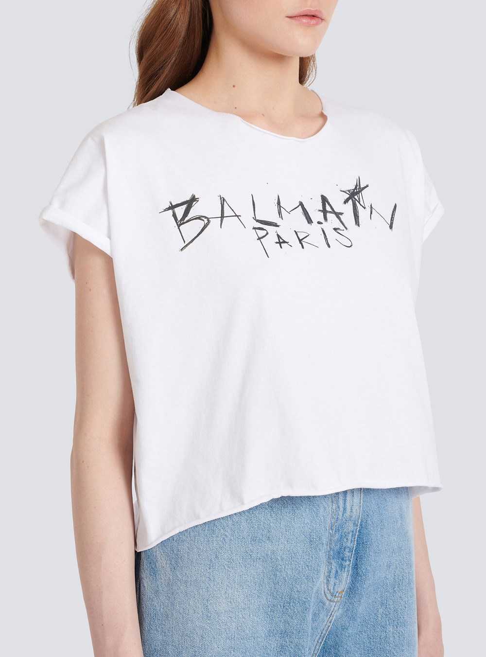 Balmain Cropped Cotton T-shirt With Balmain Graffiti Print White | MQCTERW-05