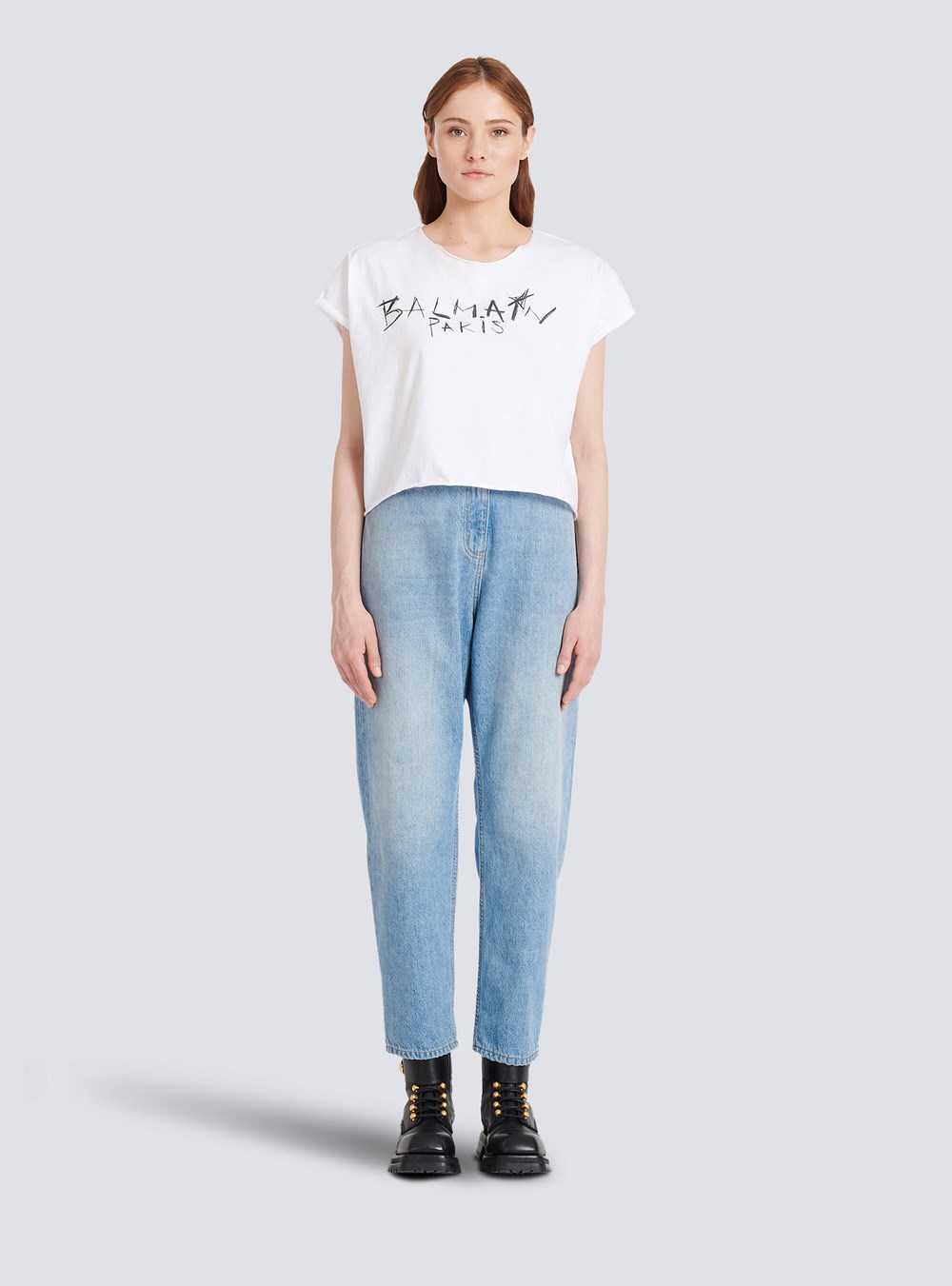 Balmain Cropped Cotton T-shirt With Balmain Graffiti Print White | MQCTERW-05