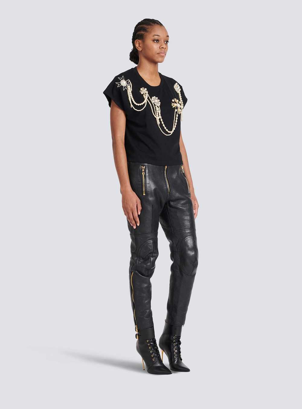 Balmain Cropped Cotton T-shirt With Embroidery Black | UWFPMVR-75