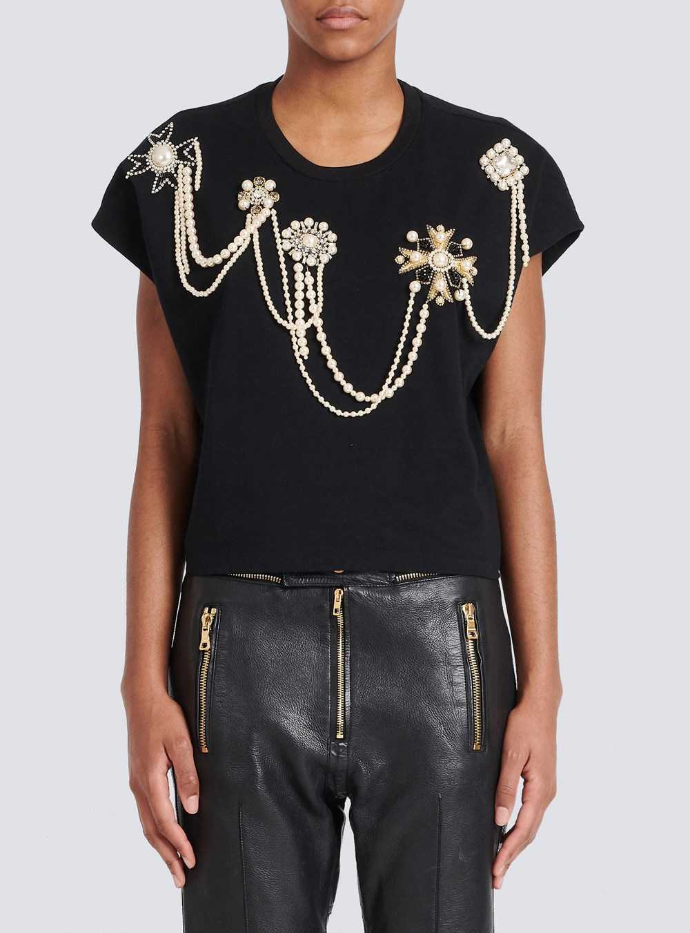 Balmain Cropped Cotton T-shirt With Embroidery Black | UWFPMVR-75