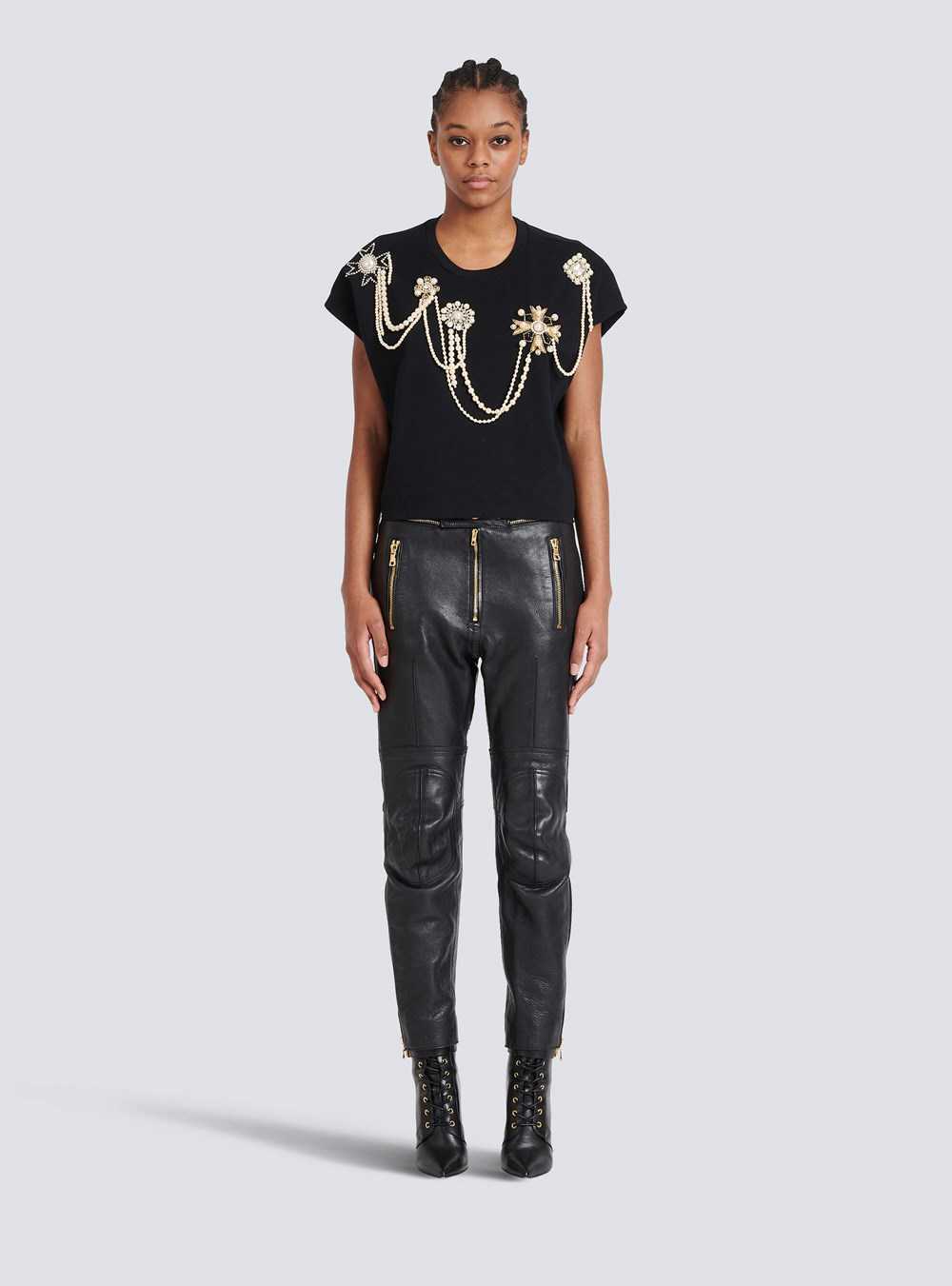 Balmain Cropped Cotton T-shirt With Embroidery Black | UWFPMVR-75