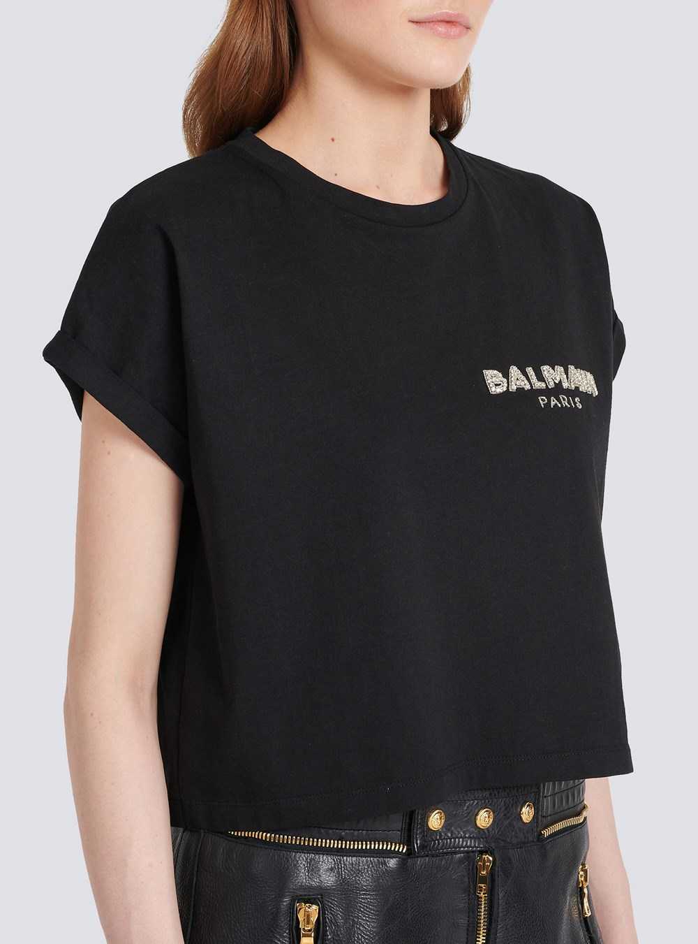 Balmain Cropped Cotton T-shirt With Small Flocked Balmain Logo Black | PVFQLHT-94