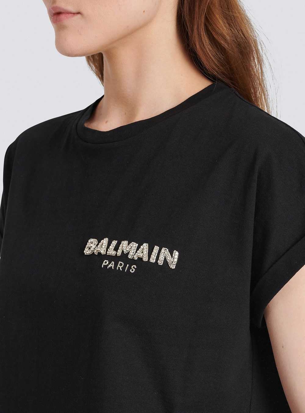 Balmain Cropped Cotton T-shirt With Small Flocked Balmain Logo Black | PVFQLHT-94