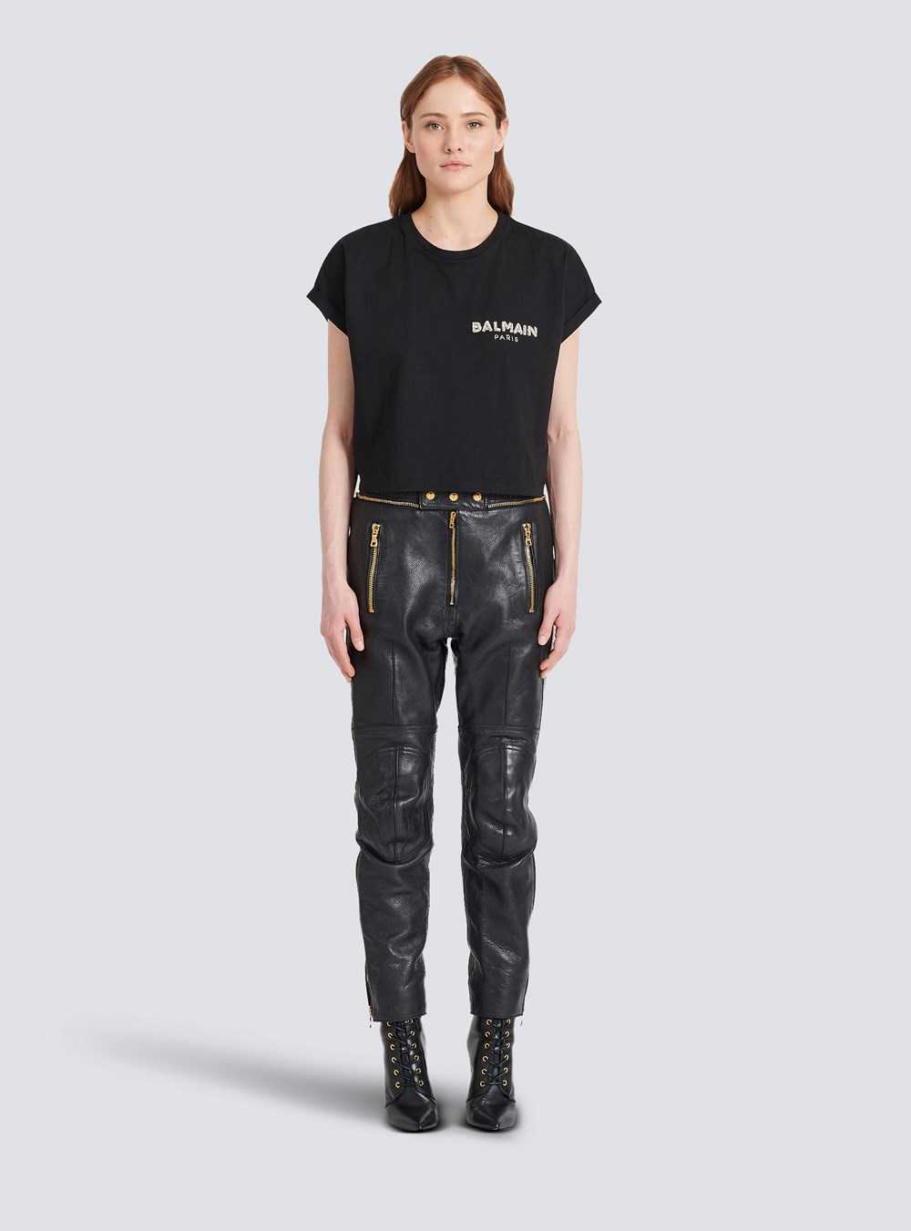 Balmain Cropped Cotton T-shirt With Small Flocked Balmain Logo Black | PVFQLHT-94