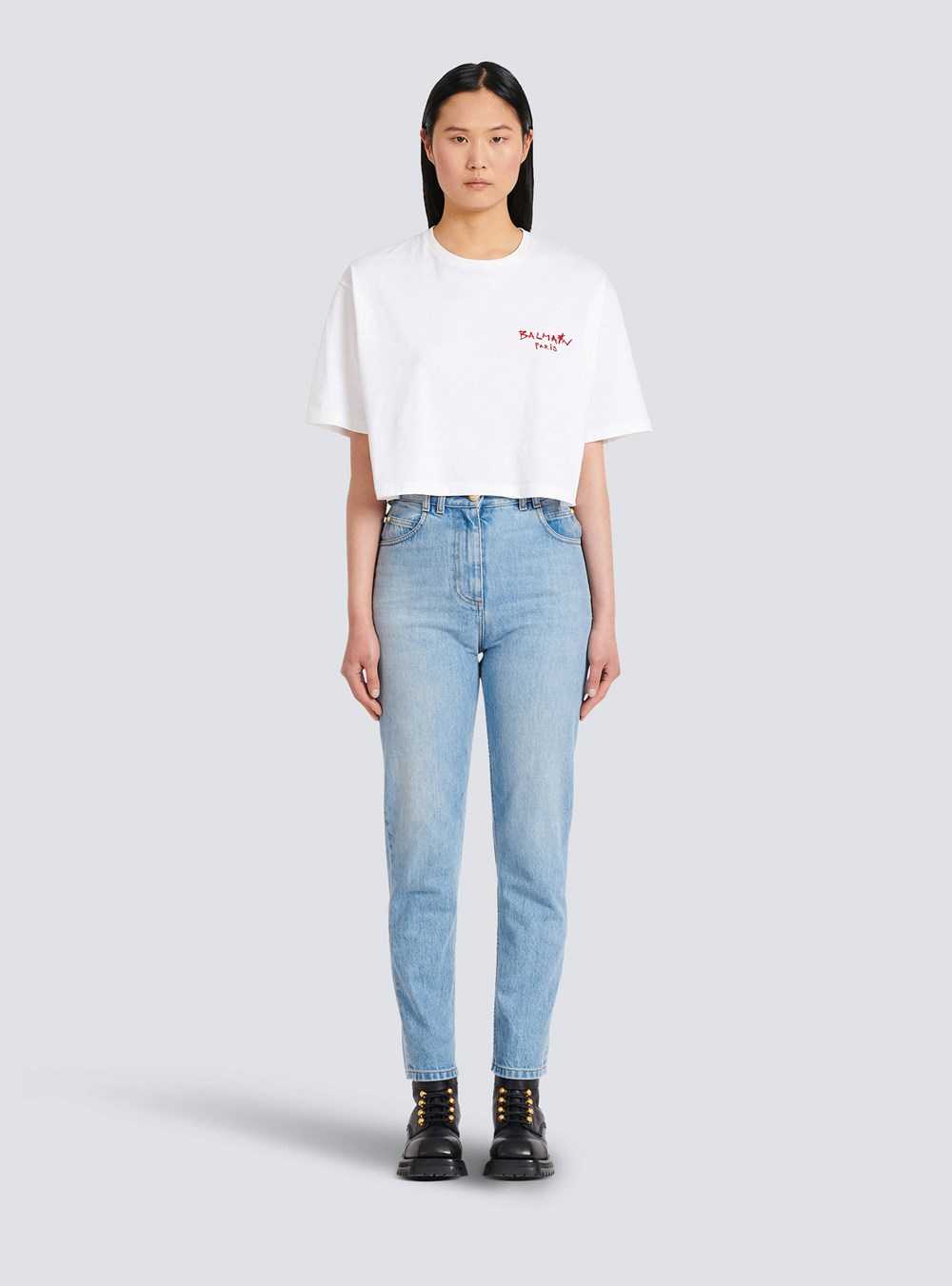 Balmain Cropped Cotton T-shirt With Small Flocked Graffiti Balmain Logo White | SZLAJGI-31