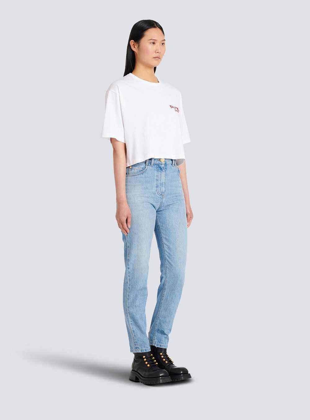 Balmain Cropped Cotton T-shirt With Small Flocked Graffiti Balmain Logo White | SZLAJGI-31