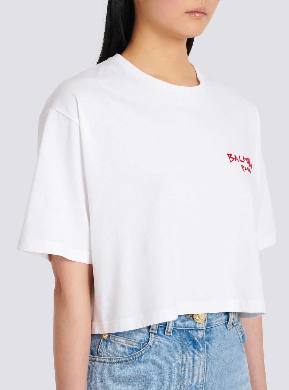 Balmain Cropped Cotton T-shirt With Small Flocked Graffiti Balmain Logo White | SZLAJGI-31