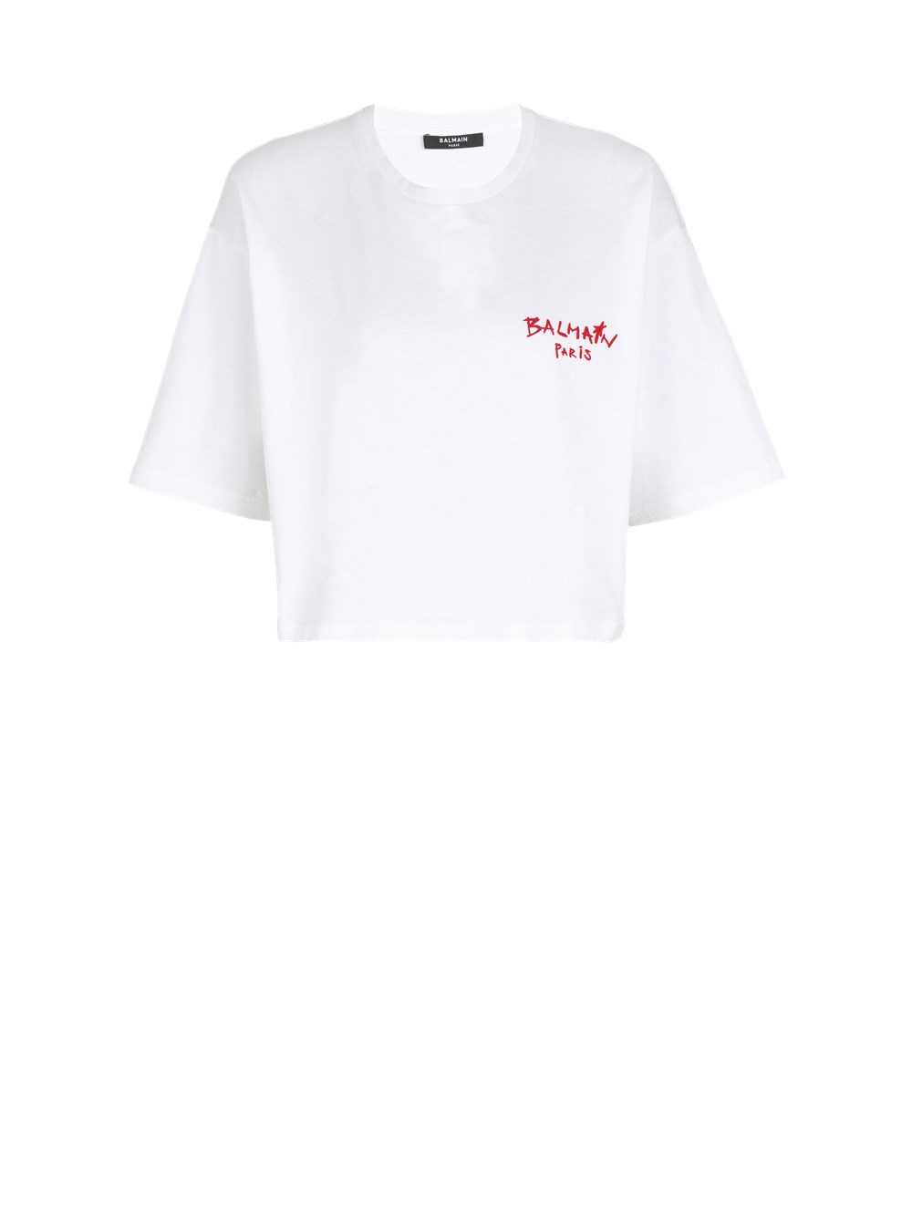 Balmain Cropped Cotton T-shirt With Small Flocked Graffiti Balmain Logo White | SZLAJGI-31