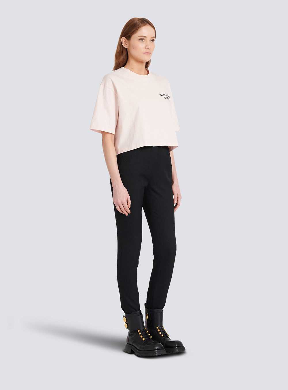 Balmain Cropped Cotton T-shirt With Small Flocked Graffiti Balmain Logo Pink | VUARWLY-79