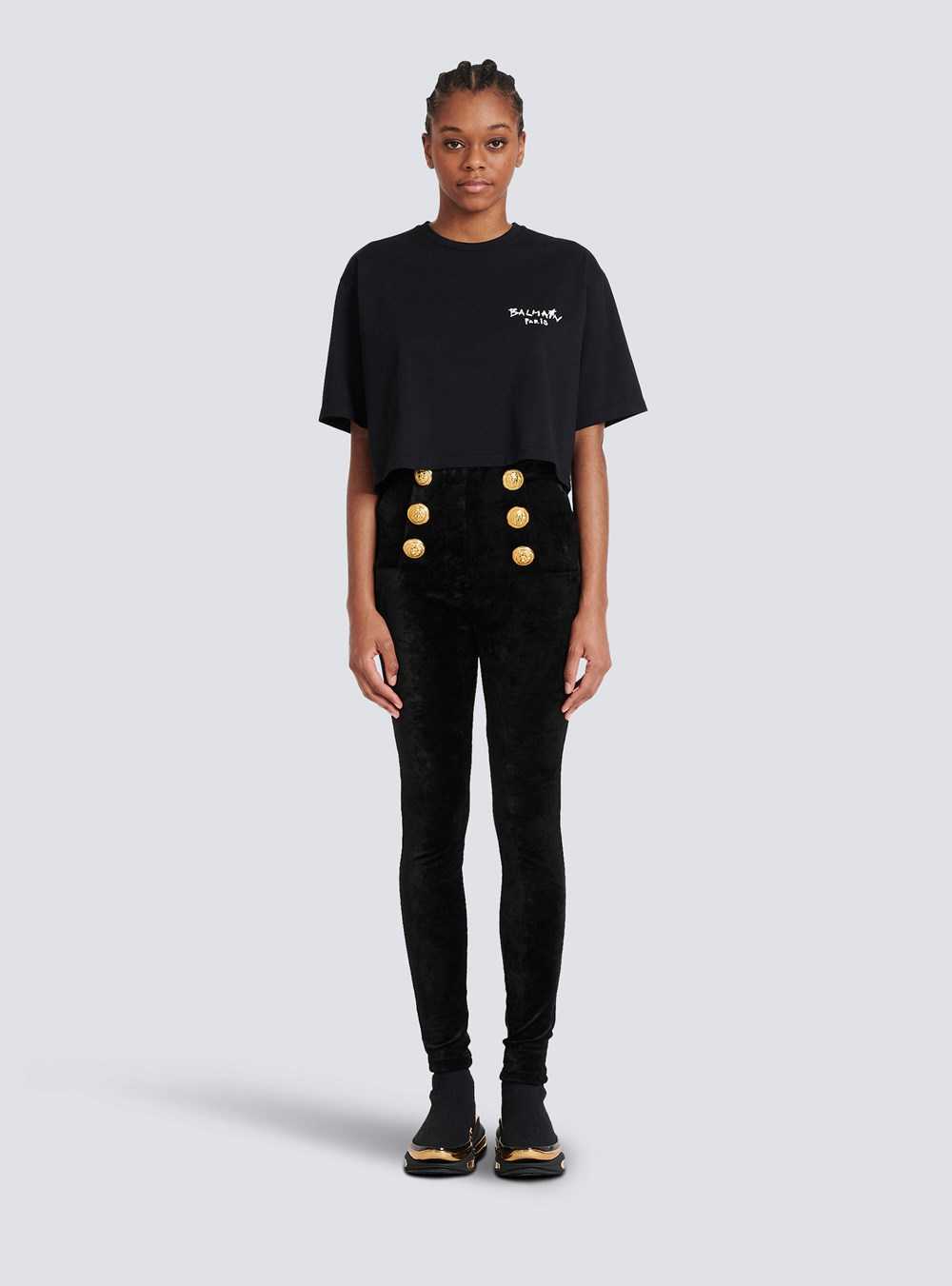 Balmain Cropped Cotton T-shirt With Small Flocked Graffiti Balmain Logo Black | WADEUSC-82