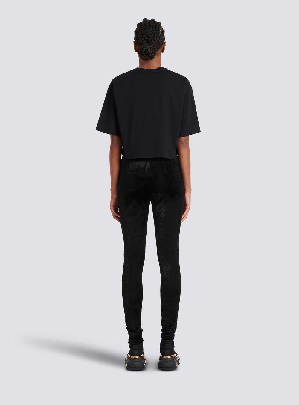 Balmain Cropped Cotton T-shirt With Small Flocked Graffiti Balmain Logo Black | WADEUSC-82