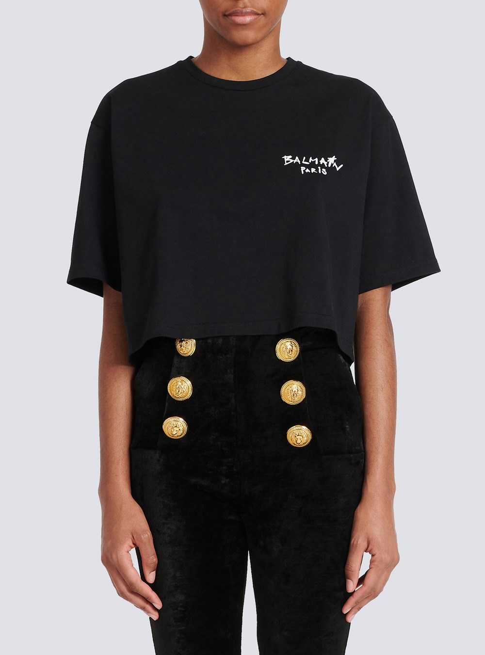 Balmain Cropped Cotton T-shirt With Small Flocked Graffiti Balmain Logo Black | WADEUSC-82