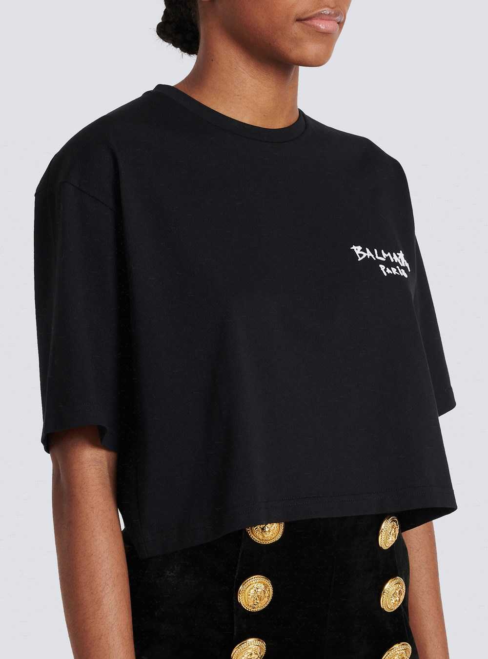 Balmain Cropped Cotton T-shirt With Small Flocked Graffiti Balmain Logo Black | WADEUSC-82