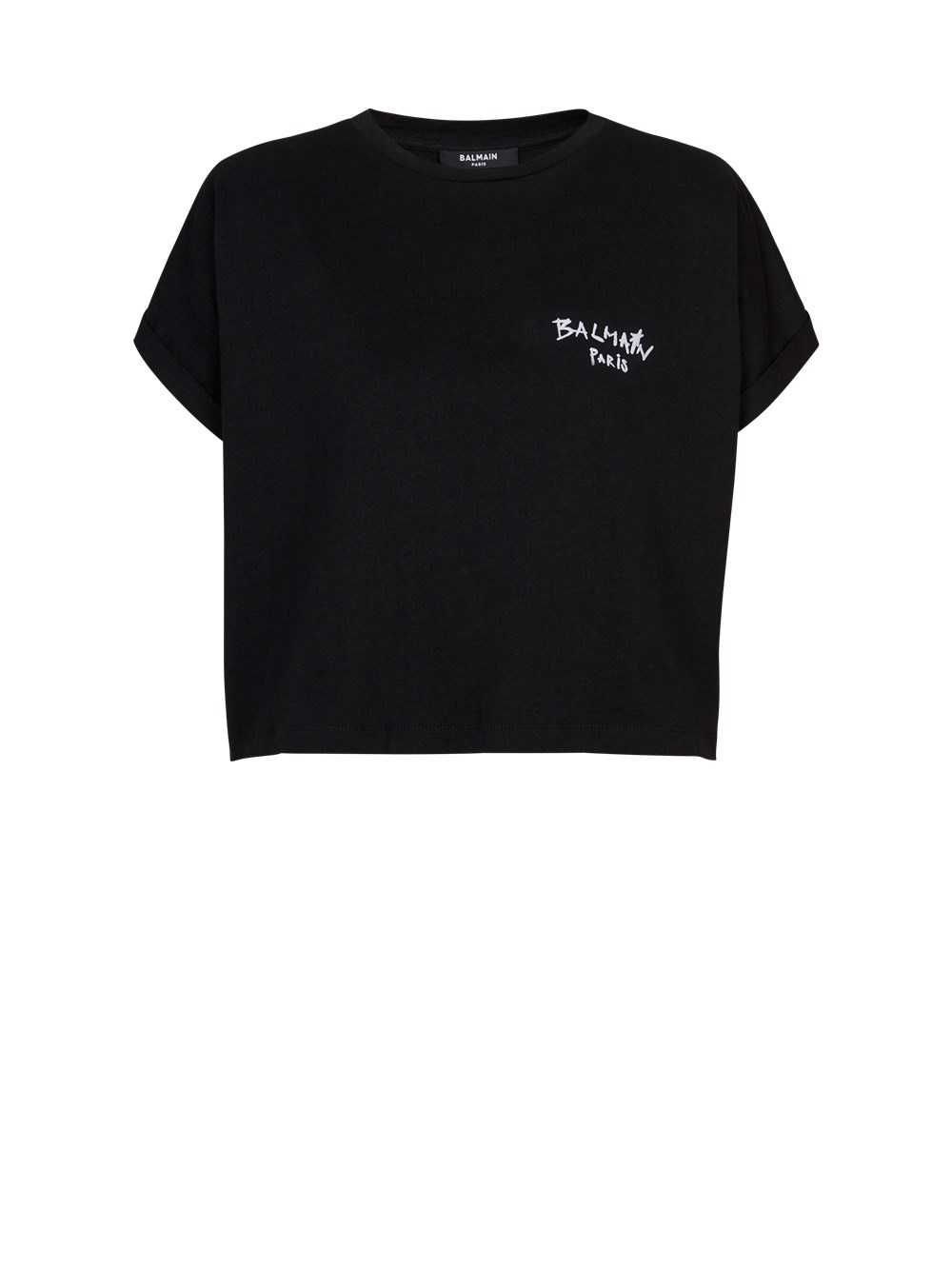 Balmain Cropped Cotton T-shirt With Small Flocked Graffiti Balmain Logo Black | WADEUSC-82