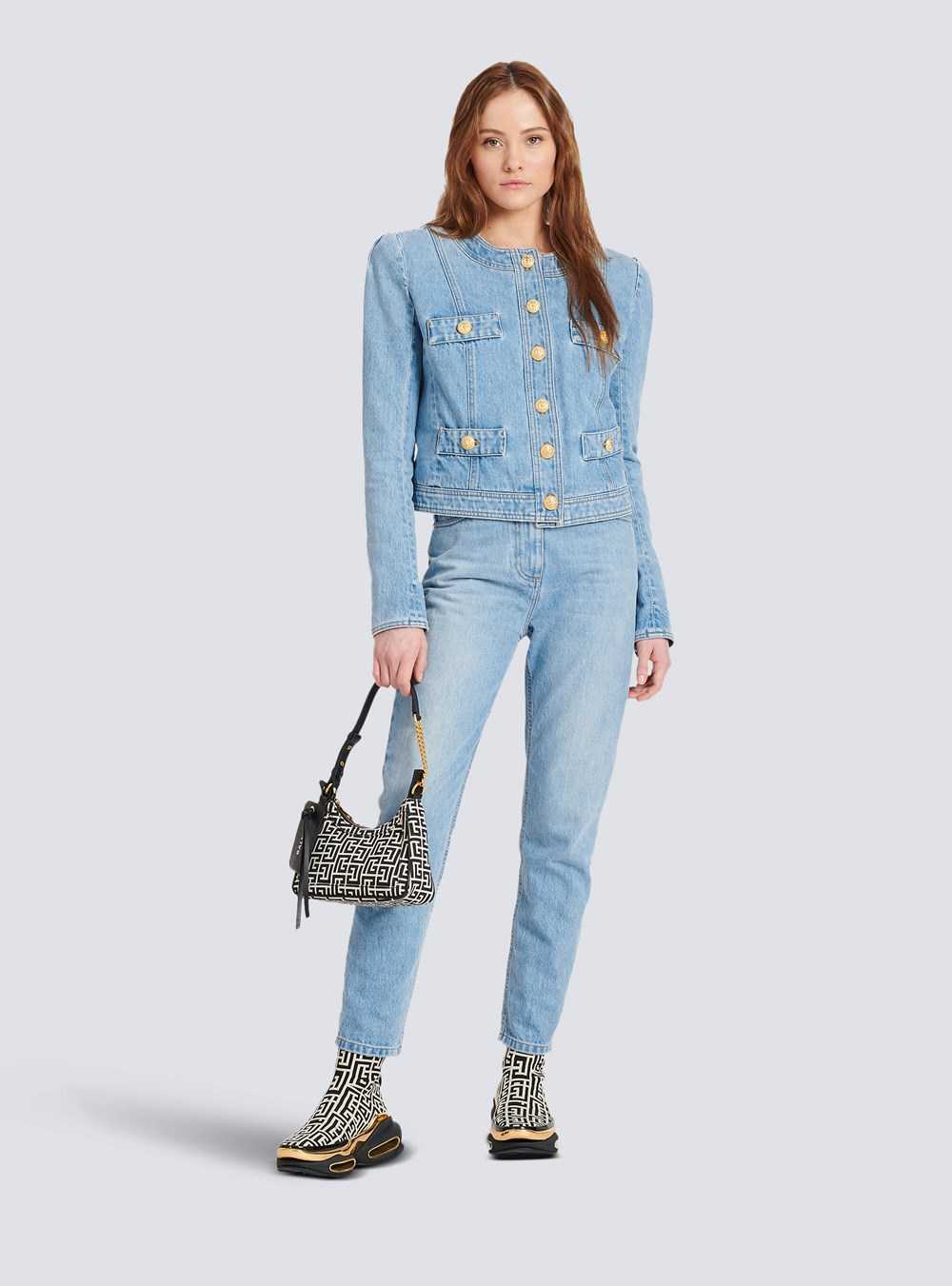 Balmain Cropped Denim Jacket Blue | LYIUQFA-94