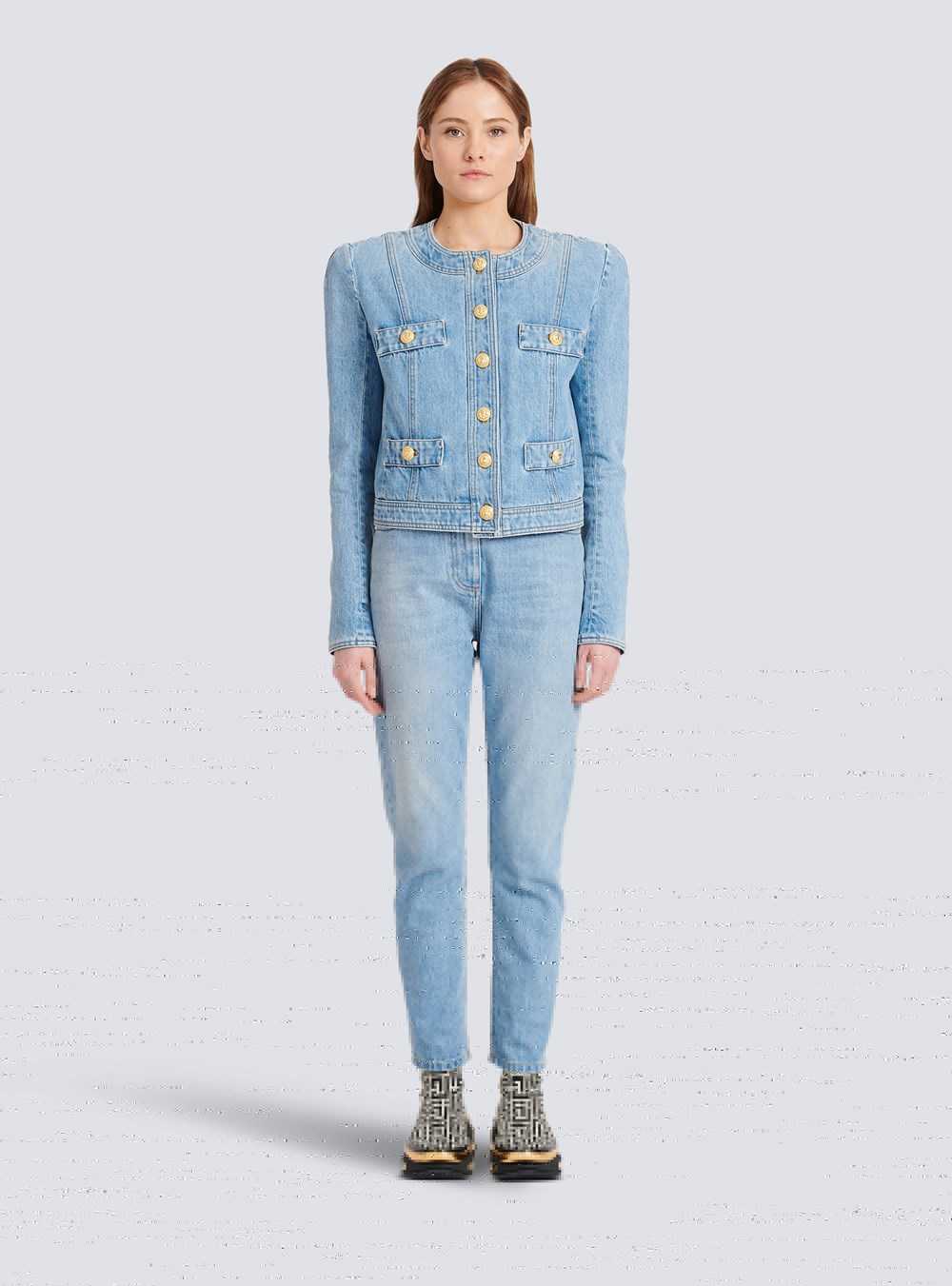 Balmain Cropped Denim Jacket Blue | LYIUQFA-94