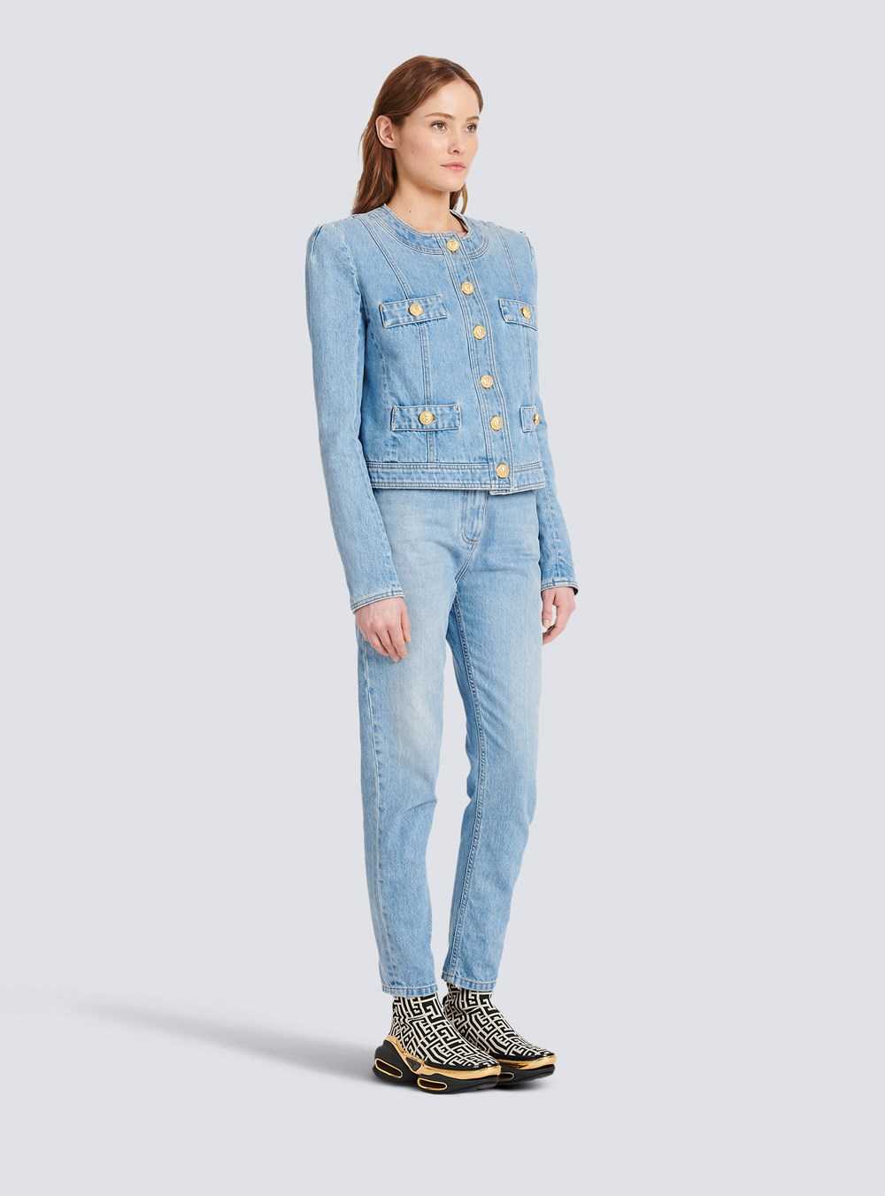 Balmain Cropped Denim Jacket Blue | LYIUQFA-94