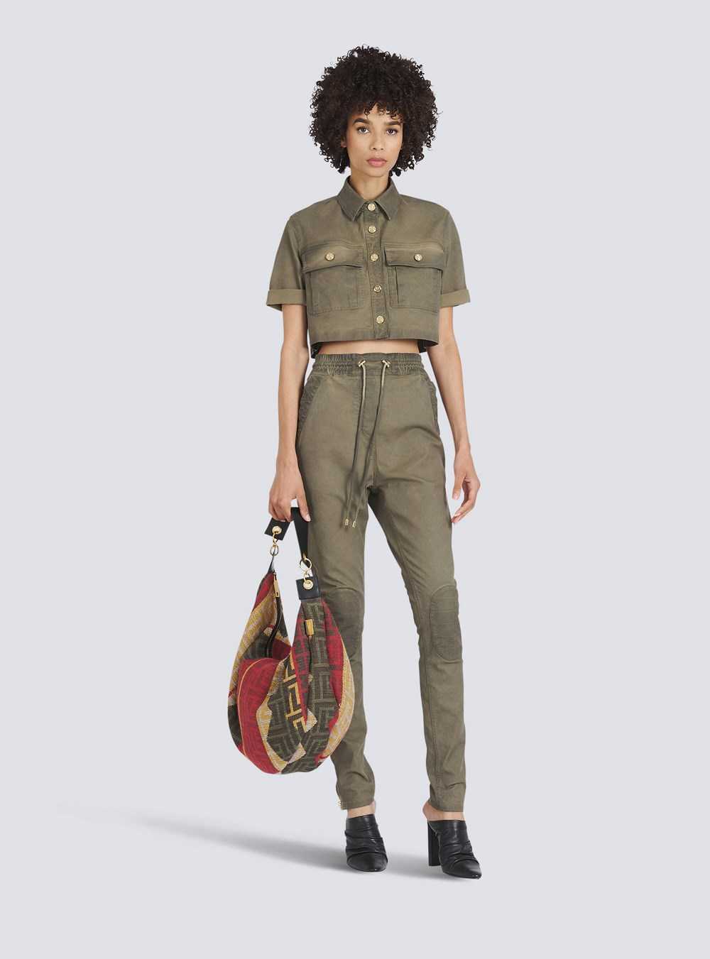 Balmain Cropped Denim Shirt Khaki | YAFTXGI-16