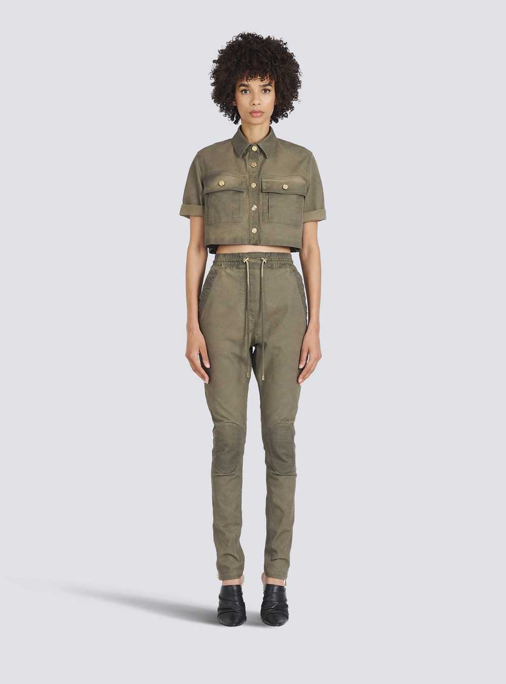 Balmain Cropped Denim Shirt Khaki | YAFTXGI-16