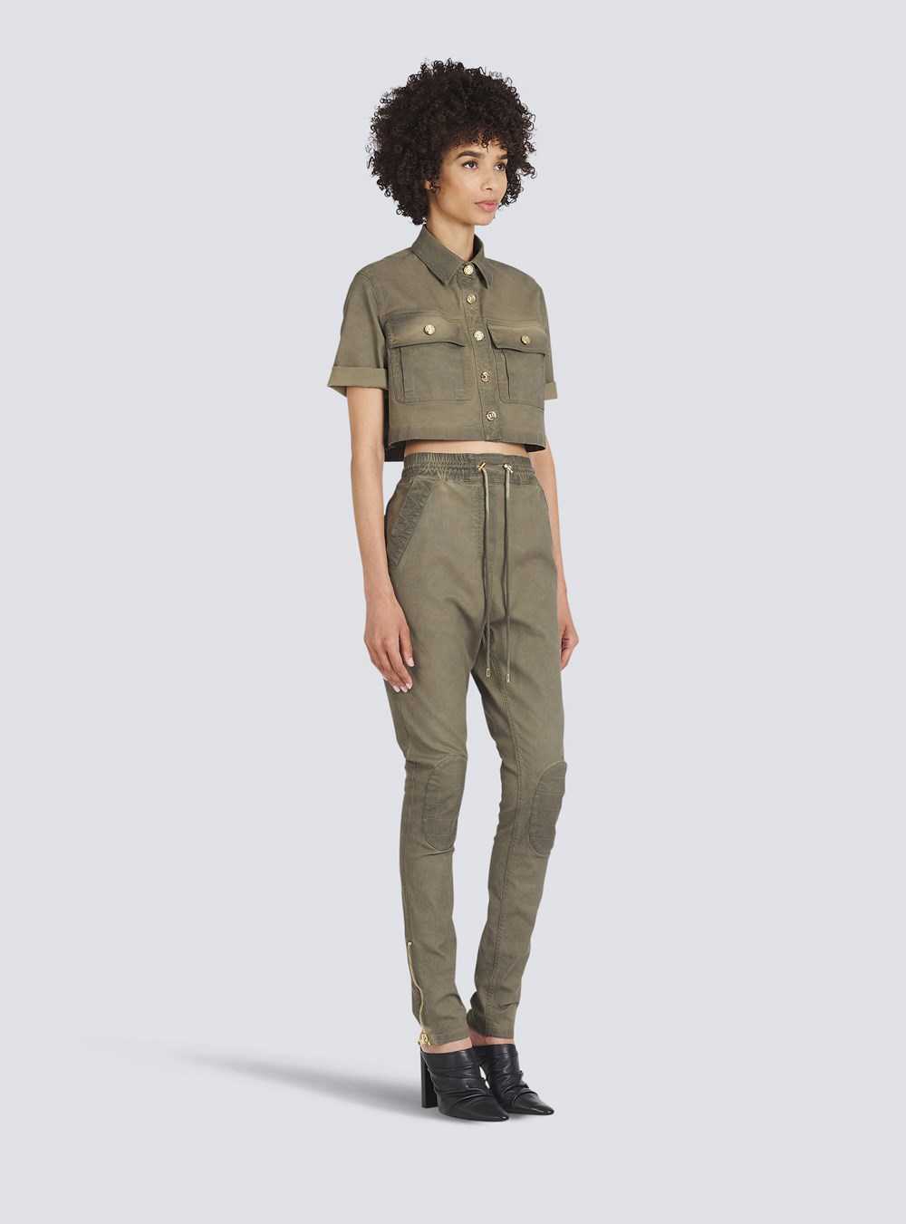 Balmain Cropped Denim Shirt Khaki | YAFTXGI-16